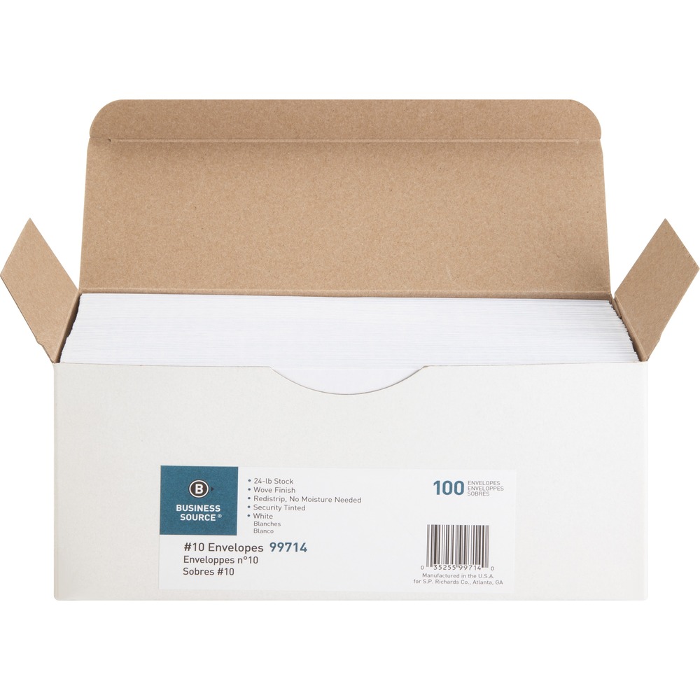 BSN99714 - Peel-to-seal envelopes feature a self-adhesive flap to create a tight seal without requiring any moisture. Distinctive security tint keeps your confidential items hidden from view for secure shipments. White wove finish creates a crisp, distinguished appearance for use in any professional setting. 24 lb. stock adds rigidity to the envelopes to stay strong during shipping. Envelopes are perfect for businesses, schools, personal use and more.
