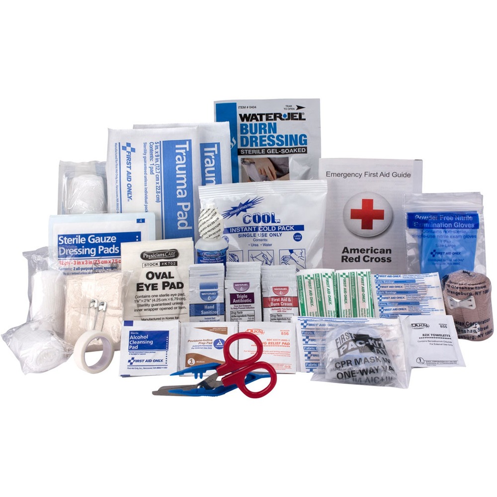 FAO90617 - 183-piece refill kit offers everything you need to refill your depleted first aid kit. Kit is designed to refill compatible First Aid Only 50-person ANSI A-plus kits (sold separately). Refill kit includes plastic bandages, first aid tape, antibiotic ointment packets, antiseptic towelettes, CPR mask, burn dressing, burn cream packets, cold compress, sterile eye pads, eyewash, hand sanitizer packets, nitrile gloves, gauze rolls, scissors, gauze dressing pads, trauma pads, sling/bandage, first aid guide, fabric bandages, insect sting relief wipes, tweezers, alcohol wipes, infection control wipes and elastic bandage.