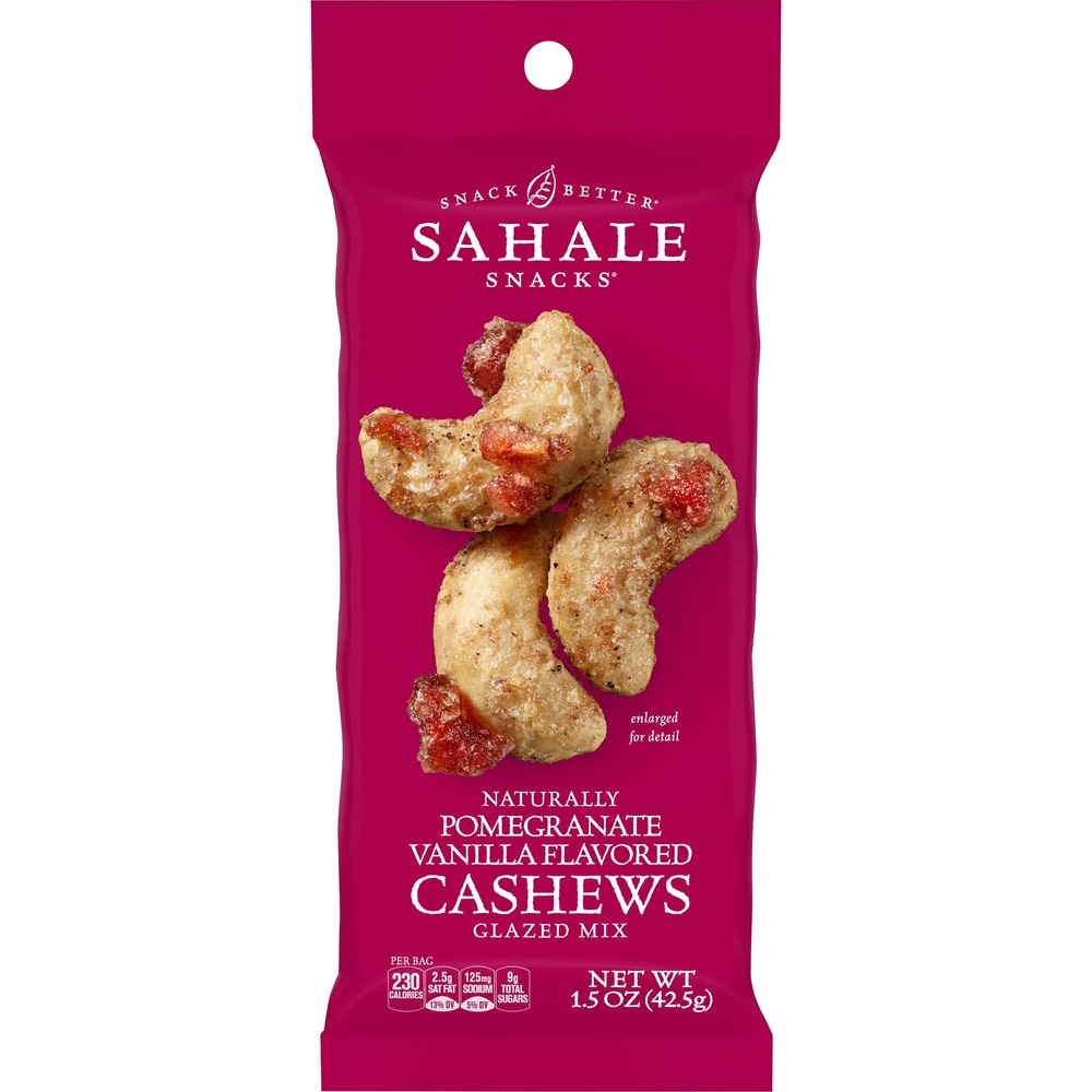 SMU00328 - Glazed nuts mix delivers a rich balance of creamy vanilla paired with pomegranate-flavored apples. Whole cashews are dry-roasted to maintain their heart-healthy fats, protein, vitamins and minerals. Non-GMO ingredients are verified to be gluten-free. Grab-and-go packaging is just the right size for snacking at your desk, on the trail or while you're running errands. Snack mix is perfect for boosting office morale, impressing visitors and more.