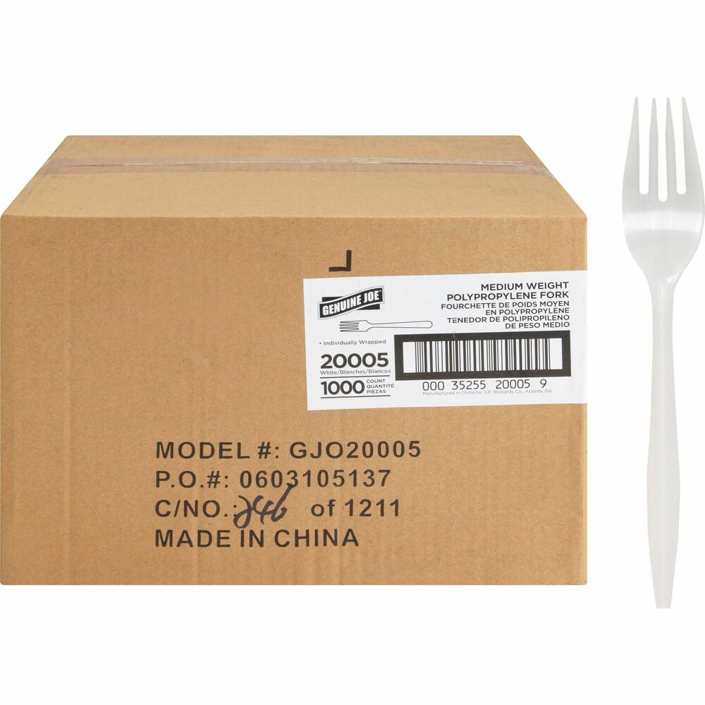 GJO20005 - Individually wrapped, medium-weight forks are flexible yet rigid enough to hold up to most uses. Smooth, glossy construction is easy to grip for excellent control. Disposable design allows quick, easy cleanup after each use. These forks are perfect for office parties, breakroom use, take-out meals, catering and more.