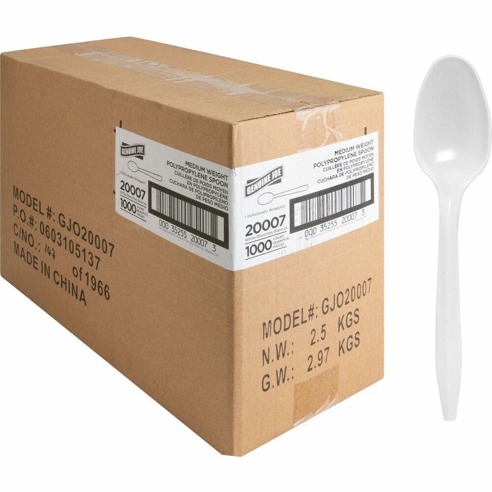 GJO20007 - Individually wrapped, medium-weight spoons flexible yet rigid enough to hold up to most uses. Smooth, glossy plastic construction is easy to grip for excellent control. Disposable design allows quick, easy cleanup after each use. These spoons are perfect for office parties, breakroom use, take-out meals, catering and more.
