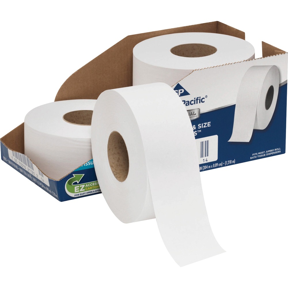 GPC2172114 - Professional Series jumbo roll bathroom tissue specifically addresses the unique needs of small businesses by delivering a level of convenience, quality and value. The exclusive EZ Access cartons are smaller, color-coded and feature unique perforated openings to help make shopping, finding, handling, storing, displaying and accessing tissue easier and faster in limited space. Economical, two-ply bath tissue in a long-lasting, 9" jumbo roll is ideal for high-traffic areas washrooms in hotels, office buildings, public facilities, schools, foodservice and healthcare facilities. Four jumbo rolls equal 22.3 regular rolls. Jumbo roll is replaced less often to help you save maintenance time and reduce runout. Tissue is safe for all standard sewer and septic systems. More from the Manufacturer
