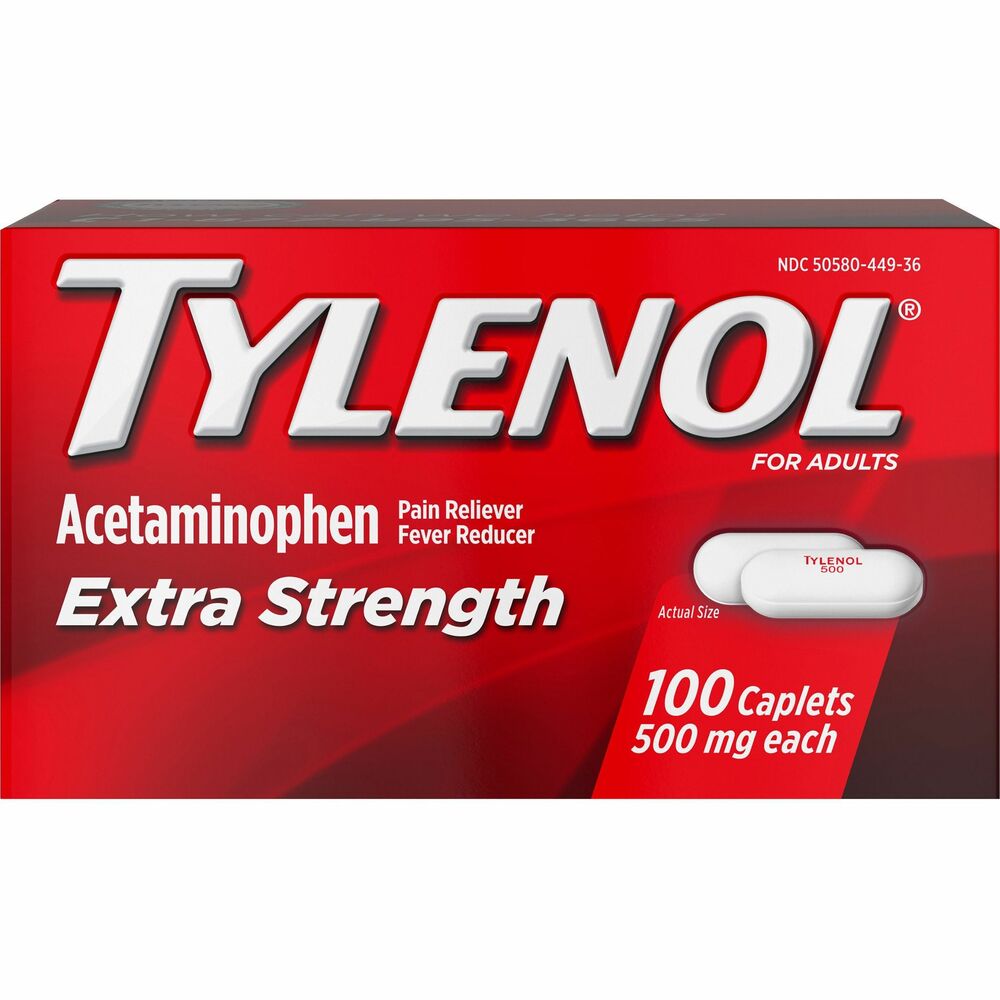 JOJ044909 - Tylenol Extra Strength Caplets reduce fever and provide temporary relief of minor aches and pains. From a doctor-recommended brand of pain reliever, each caplet contains 500mg of acetaminophen for effective, extra-strength pain relief. Both a fever reducer and pain reliever, it relieves minor aches and pains due to headache, backache, toothache, minor pain of arthritis, the common cold and premenstrual/menstrual cramps. When used as directed, this extra-strength pain reliever has an excellent safety profile and can be used by adults and children 12 years and older. Take two caplets every 6 hours while symptoms last. Do not take more than six caplets in 24 hours.