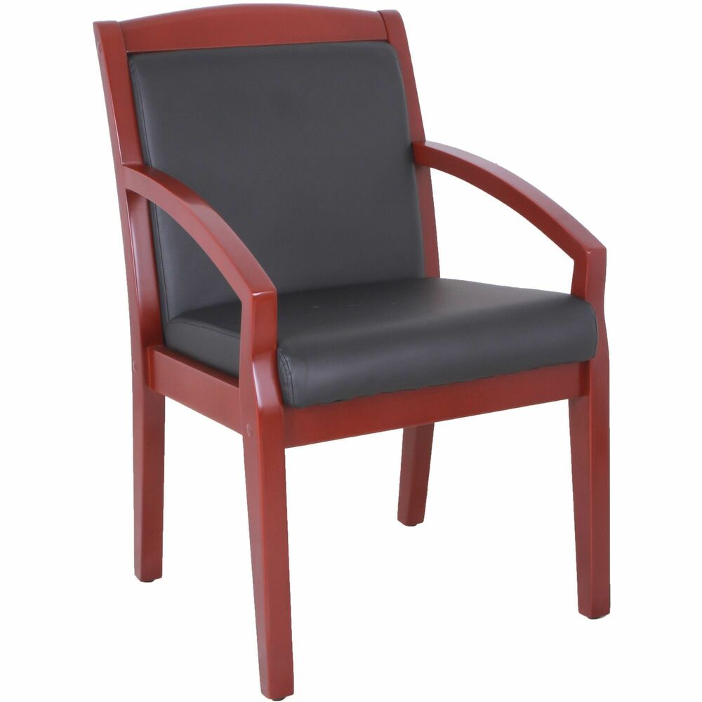 LLR20020 - Guest chair offers an elegant solution for guest seating with a wood frame and black bonded leather upholstery on the 3-1/3" thick seat cushion and 1-32/33" thick back cushion. Solid wood frame with heavy-duty stain finish provides durability and strength. Frame is made of rubber wood for a uniform texture and light luster. This kind of wood is not easy to crack in dry areas. Fully assembled chair also features fixed, sloping arms and a four-leg base with the back legs slightly arched for better stability. Nonskid base includes levelers for uneven floors. Weight capacity is 275 lb. Seat measures 20-1/8" wide x 17-3/8" deep. Back size is 21-5/8" wide x 15-1/3" high.