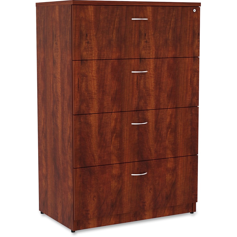 LLR34387 - Four-drawer lateral file is part of Lorell Essentials Series Laminate Furniture with high-quality laminate construction and a contemporary design. Cherry laminate top is 1" thick for durability. File drawer accommodates letter-size and legal-size files with included hangrails. Drawers roll smoothly on steel ball-bearings with full extension. Central locking system locks all drawers at once. Anti-tip feature allows only one drawer to be opened at a time. Design also includes 3mm PVC edges and adjustable levelers for stabilization.