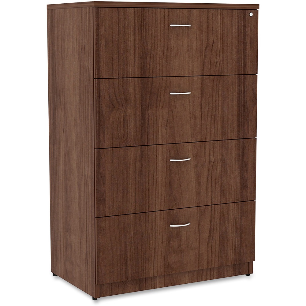 LLR34388 - Four-drawer lateral file is part of Lorell Essentials Series Laminate Furniture with high-quality laminate construction and a contemporary design. Walnut laminate top is 1" thick for durability. File drawer accommodates letter-size and legal-size files with included hangrails. Drawers roll smoothly on steel ball-bearings with full extension. Central locking system locks all drawers at once. Anti-tip feature allows only one drawer to be opened at a time. Design also includes 3mm PVC edges and adjustable levelers for stabilization.