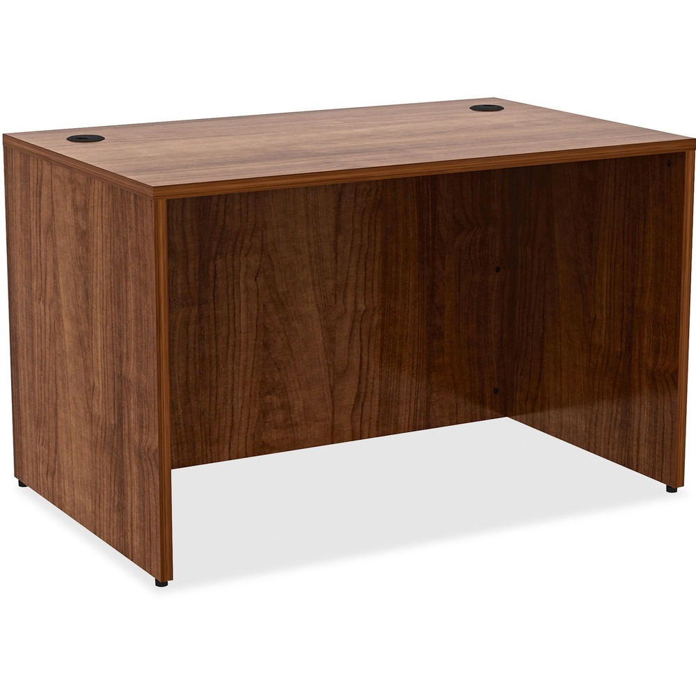 LLR34389 - Rectangular desk shell is part of Lorell Essentials Series Laminate Furniture with high-quality laminate construction and metal-to-metal, cam-lock connections. Walnut laminate top is 1" thick for durability. Use the two grommet holes in the top for easy cord routing. Design also includes a full modesty panel for privacy, 3mm PVC edges and adjustable feet. Greenguard Certified.