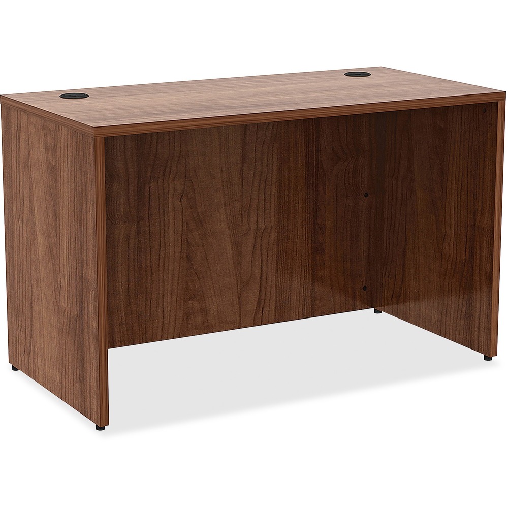 LLR34390 - Rectangular desk shell is part of Lorell Essentials Series Laminate Furniture with high-quality laminate construction and metal-to-metal, cam-lock connections. Walnut laminate top is 1" thick for durability. Use the two grommet holes in the top for easy cord routing. Design also includes a full modesty panel for privacy, 3mm PVC edges and adjustable feet. Greenguard Certified.