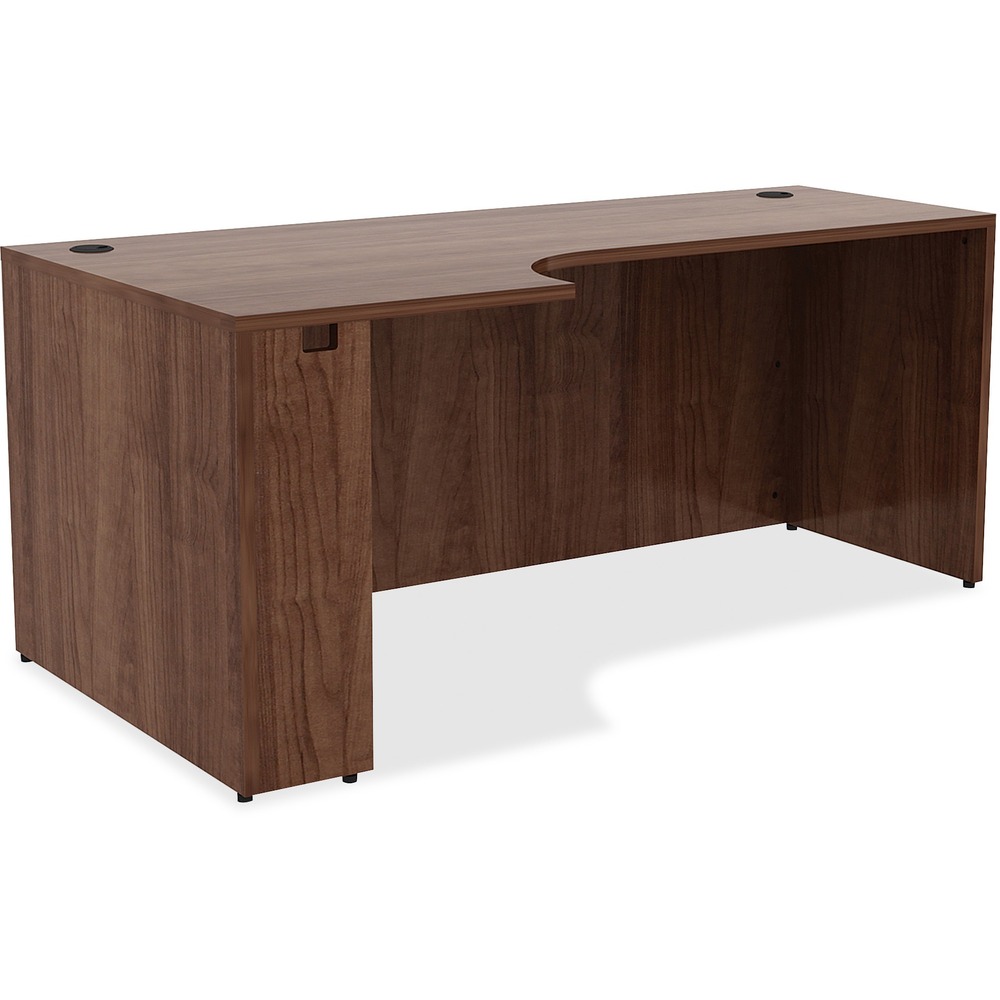 LLR34393 - Left corner credenza is part of Lorell Essentials Series Laminate Furniture with high-quality laminate construction and metal-to-metal, cam-lock connections. Walnut laminate top is 1" thick for durability. Use the two grommet holes in the top for easy cord routing. Design also includes a full modesty panel for privacy, 3mm PVC edges and adjustable feet.
