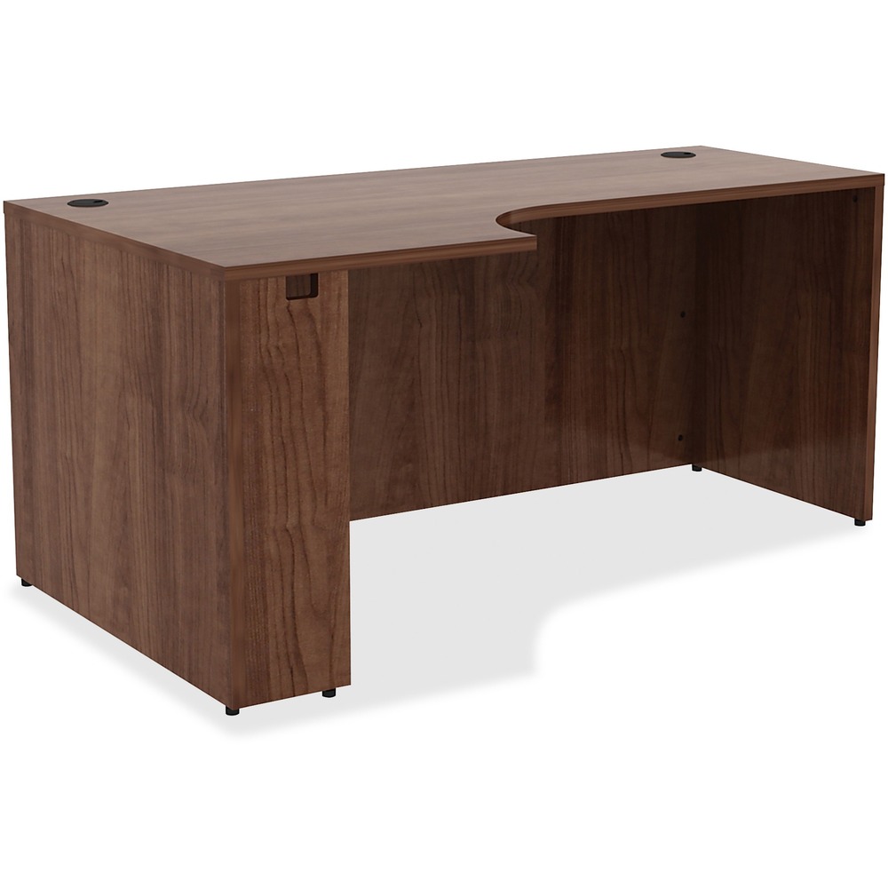 LLR34394 - Left corner credenza is part of Lorell Essentials Series Laminate Furniture with high-quality laminate construction and metal-to-metal, cam-lock connections. Walnut laminate top is 1" thick for durability. Use the two grommet holes in the top for easy cord routing. Design also includes a full modesty panel for privacy, 3mm PVC edges and adjustable feet.