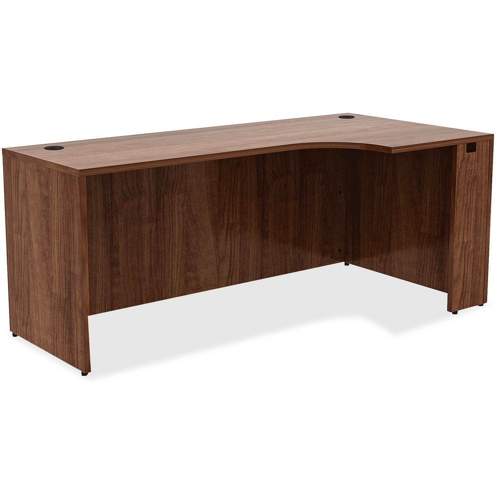 LLR34395 - Right corner credenza is part of Lorell Essentials Series Laminate Furniture with high-quality laminate construction and metal-to-metal, cam-lock connections. Walnut laminate top is 1" thick for durability. Use the two grommet holes in the top for easy cord routing. Design also includes a full modesty panel for privacy, 3mm PVC edges and adjustable feet.