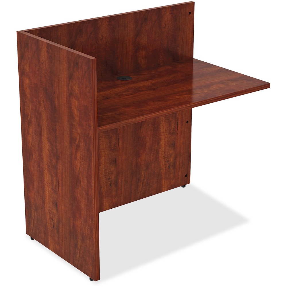 LLR59626 - Reception return is designed to be paired with the Lorell Essentials Front Reception Desk (sold separately). Both promote work efficiency while projecting a professional image for greeting visitors. As part of the Lorell Essentials Series Wood Laminate Furniture, return offers high-quality laminate construction and a contemporary design. High sides surround the desktop on two sides and extend to the floor to provide privacy for confidential documents and details. Return features a 1" thick laminated top for durability.