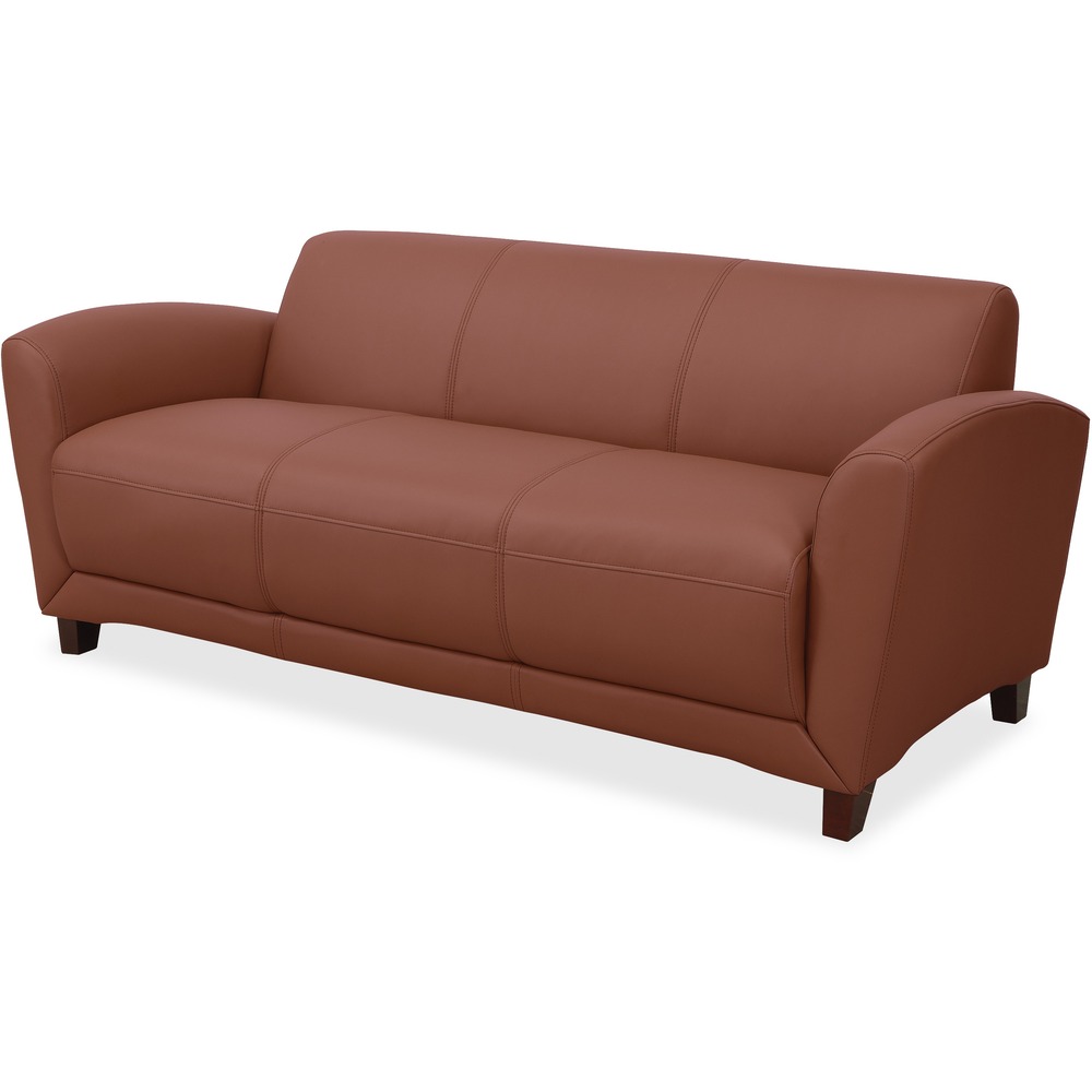 LLR68946 - Sofa is part of the Lorell Reception Seating Collection that is made with an open, inviting modern design and bonded tan leather. Back meets the seat at a slight obtuse angle for a relaxing wait. Sides rise for armrests. Comfortable, thick foam cushions are CA117 fire-retardant. Four sturdy, wooden legs with a Mahogany finish support the sofa built for three. Overall weight capacity is 650 lb. with a 215 lb. capacity for each seat.