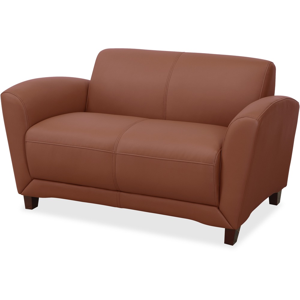 LLR68947 - Loveseat is part of the Lorell Reception Seating Collection that is made with an open, inviting modern design and bonded tan leather. Back meets the seat at a slight obtuse angle for a relaxing wait. Sides rise for armrests. Comfortable, thick foam cushions are CA117 fire-retardant. Four sturdy, wooden legs with a Mahogany finish support the loveseat built for two. Overall weight capacity is 450 lb. with a 225 lb. capacity for each seat.