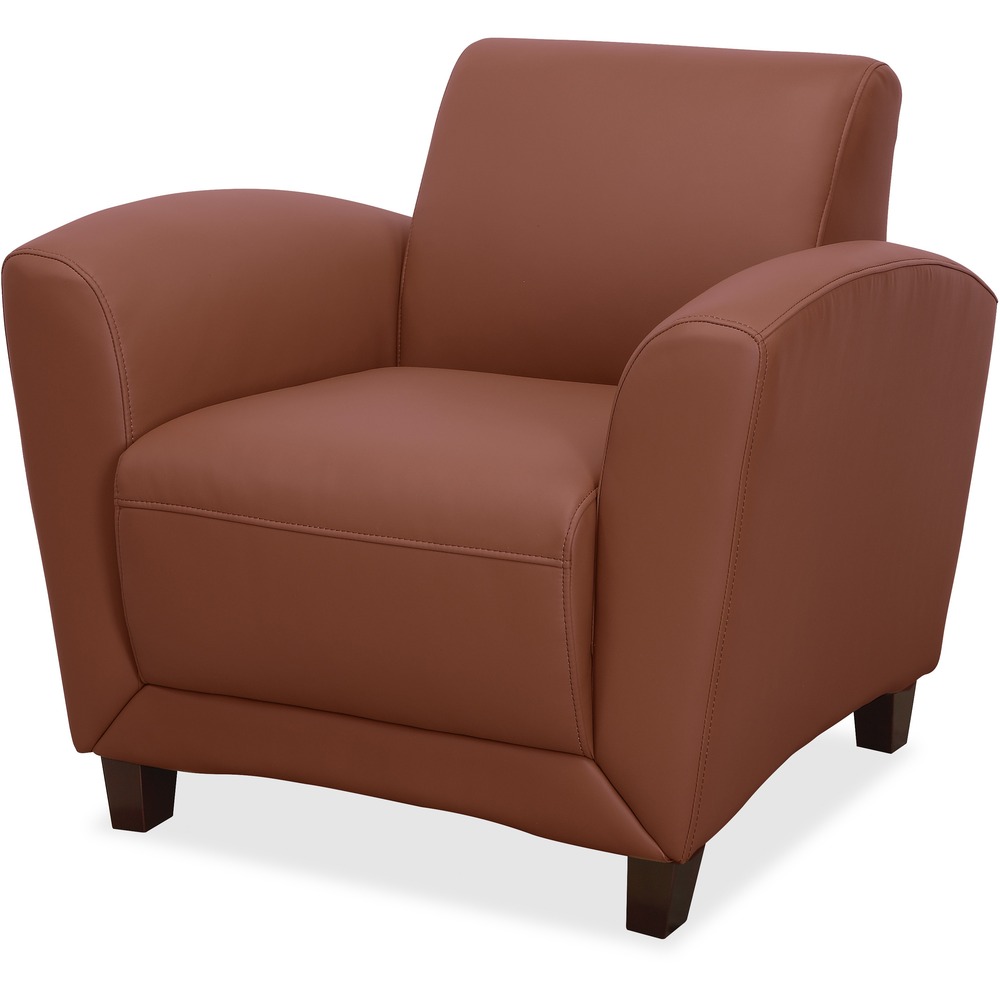 LLR68948 - Chair is part of the Lorell Reception Seating Collection that is made with an open, inviting modern design and bonded tan leather. Back meets the seat at a slight obtuse angle for a relaxing wait. Sides rise for armrests. Comfortable, thick foam cushions are CA117 fire-retardant. Four sturdy, wooden legs with a Mahogany finish support the chair. Weight capacity is 250 lb.