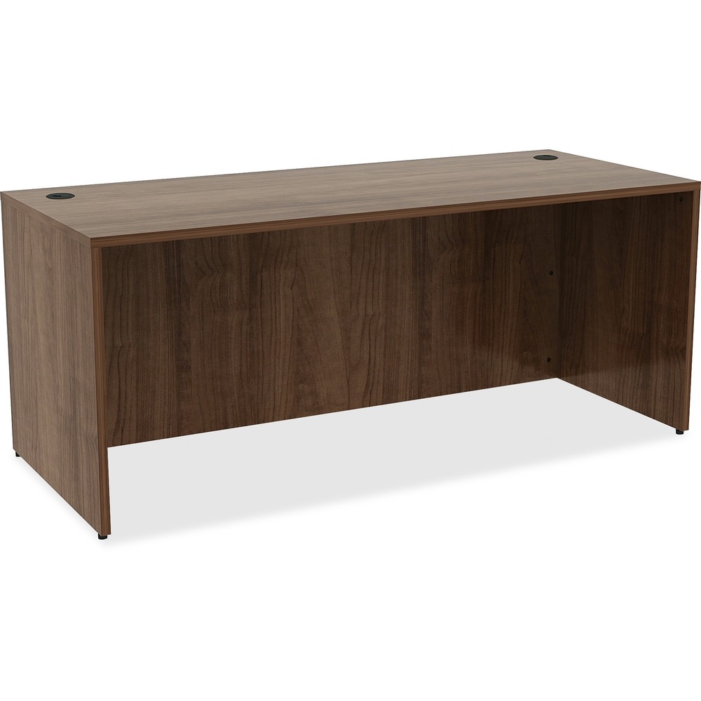 LLR69536 - Rectangular desk shell is part of Lorell Essentials Series Laminate Furniture with high-quality laminate construction and metal-to-metal, cam-lock connections. Walnut laminate top is 1" thick for durability. Use the two grommet holes in the top for easy cord routing. Design also includes a full modesty panel for privacy, 3mm PVC edges and adjustable feet.