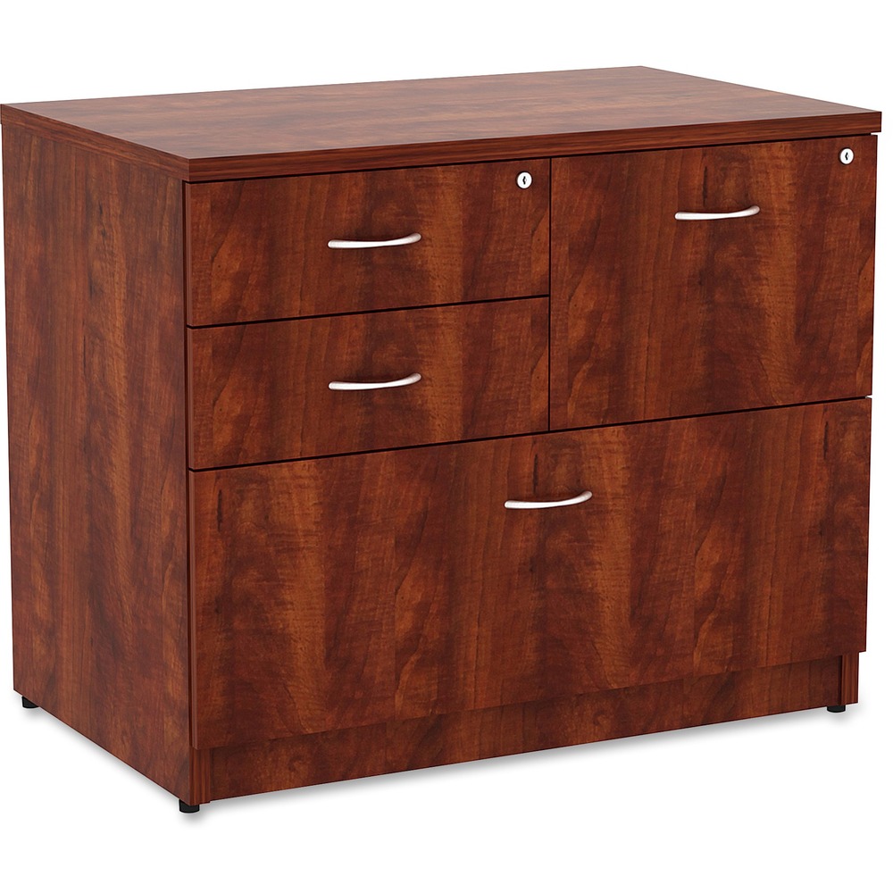 LLR69540 - Versatile, four-drawer lateral file is part of Lorell Essentials Series Laminate Furniture with high-quality laminate construction and a contemporary design. Innovative design includes two box drawers to store supplies, a file drawer next to the box drawers and a lateral file as the bottom drawer. Both file drawers accommodate letter-size and legal-size files with included hangrails. Drawers roll smoothly on steel ball-bearings with full extension. The top box and file drawer lock for security. Cherry laminate top and side panels are 1" thick for durability. Design also includes 3mm PVC edges and adjustable levelers for stabilization.