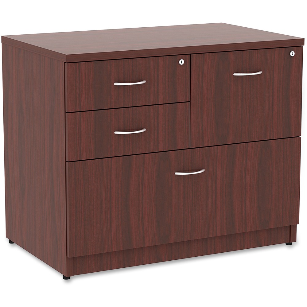 LLR69541 - Versatile, four-drawer lateral file is part of Lorell Essentials Series Laminate Furniture with high-quality laminate construction and a contemporary design. Innovative design includes two box drawers to store supplies, a file drawer next to the box drawers and a lateral file as the bottom drawer. Both file drawers accommodate letter-size and legal-size files with included hangrails. Drawers roll smoothly on steel ball-bearings with full extension. The top box and file drawer lock for security. Mahogany laminate top and side panels are 1" thick for durability. Design also includes 3mm PVC edges and adjustable levelers for stabilization.
