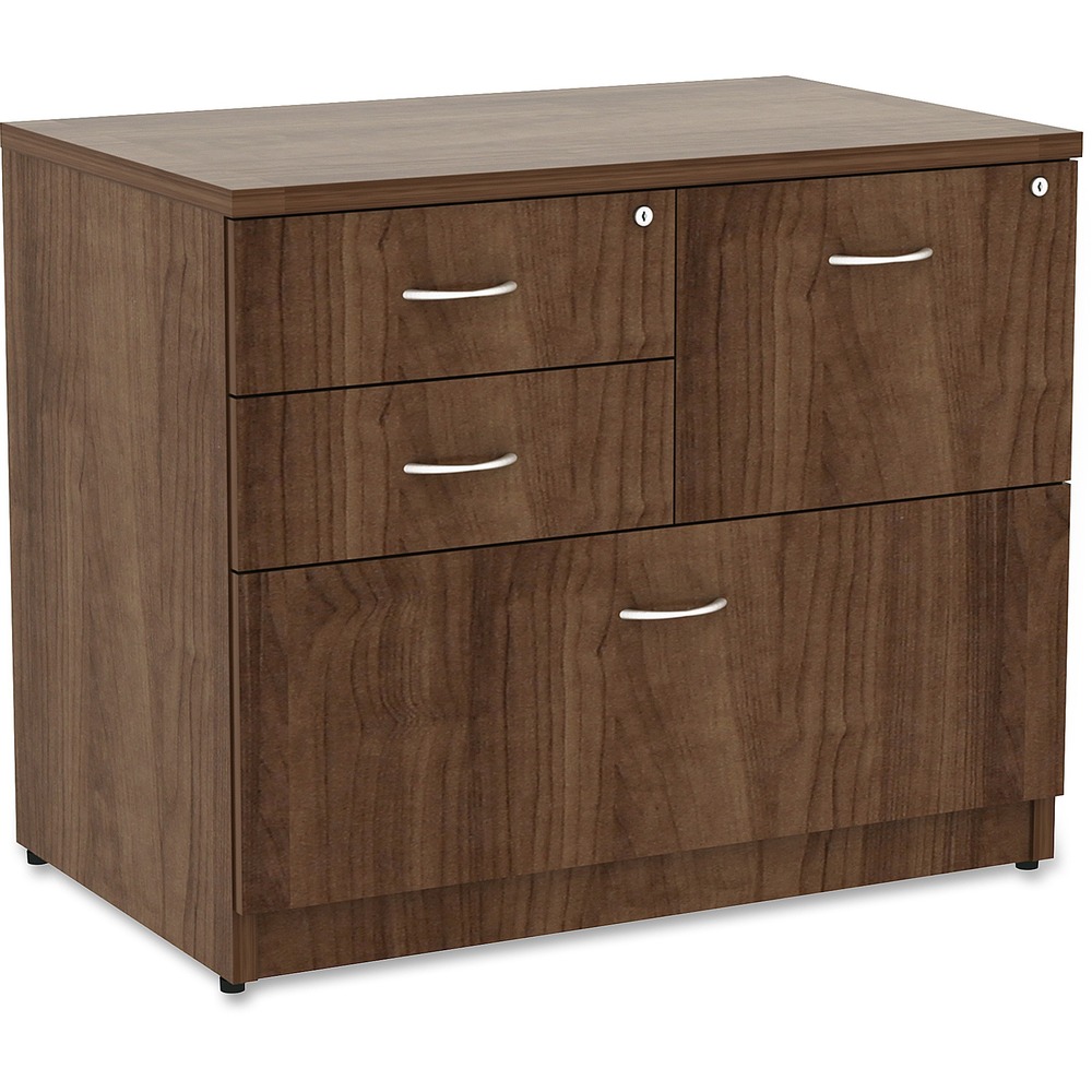 LLR69542 - Versatile, four-drawer lateral file is part of Lorell Essentials Series Laminate Furniture with high-quality laminate construction and a contemporary design. Innovative design includes two box drawers to store supplies, a file drawer next to the box drawers and a lateral file as the bottom drawer. Both file drawers accommodate letter-size and legal-size files with included hangrails. Drawers roll smoothly on steel ball-bearings with full extension. The top box and file drawer lock for security. Walnut laminate top and side panels are 1" thick for durability. Design also includes 3mm PVC edges and adjustable levelers for stabilization.