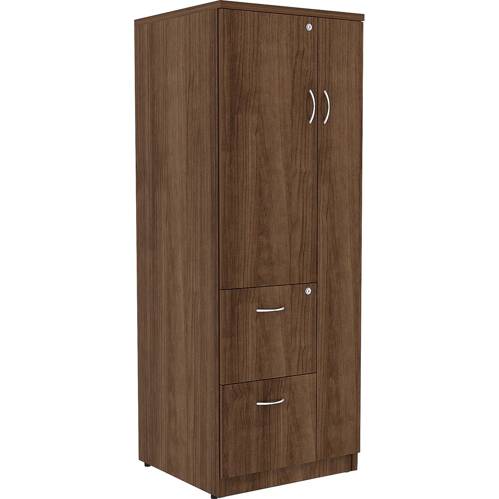 LLR69889 - Tall storage cabinet is part of Lorell Essentials Series Laminate Furniture with high-quality laminate construction and metal-to-metal, cam-lock connections. Design of the cabinet expands your storage opportunities with the varied sizes of compartments. Full-length compartment on the right features a door to conceal contents. On the left, the half-length compartment includes a locking door and two shelves. The bottom two drawers lock to secure your belongings and hold letter-size files. Durable, Walnut laminate surfaces provide a professional look and are abrasion-resistant. The back is finished on both sides. Cabinet is made of particleboard and medium-density fiberboard. Adjustable levelers help stabilize the cabinet on uneven surfaces. More from the Manufacturer