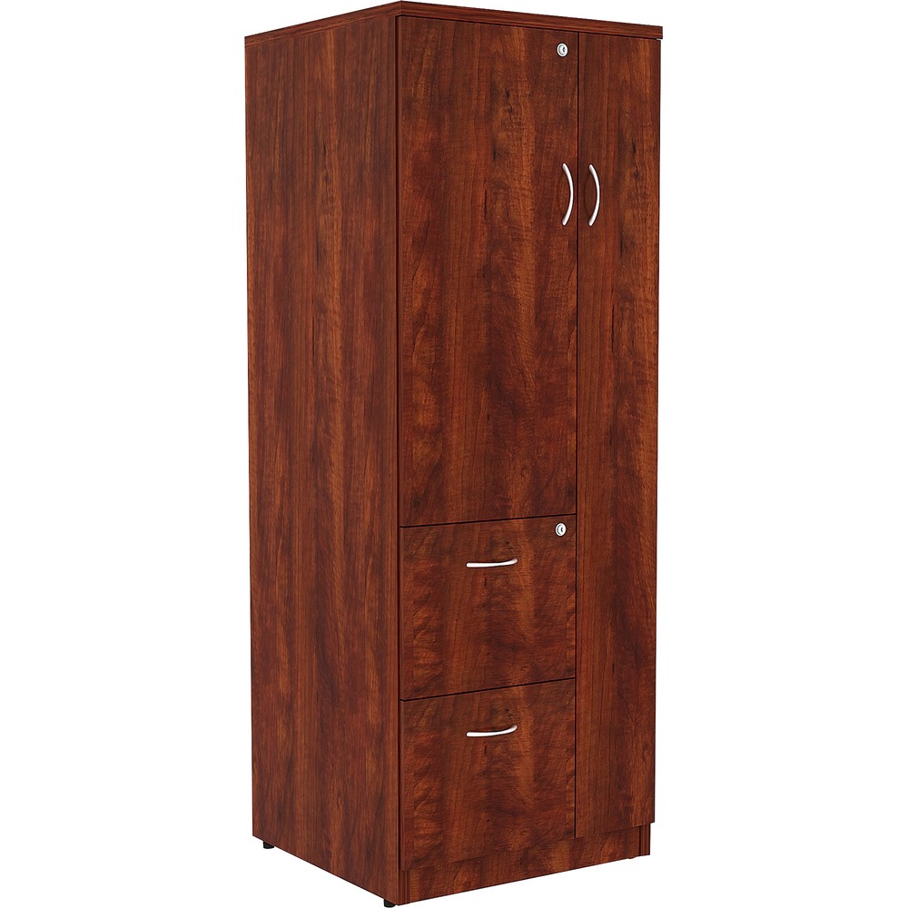 LLR69896 - Tall storage cabinet is part of Lorell Essentials Series Laminate Furniture with high-quality laminate construction and metal-to-metal, cam-lock connections. Design of the cabinet expands your storage opportunities with the varied sizes of compartments. Full-length compartment on the right features a door to conceal contents. On the left, the half-length compartment includes a locking door and two shelves. The bottom two drawers lock to secure your belongings and hold letter-size files. Durable, Cherry laminate surfaces provide a professional look and are abrasion-resistant. The back is finished on both sides. Cabinet is made of particleboard and medium-density fiberboard. Adjustable levelers help stabilize the cabinet on uneven surfaces.