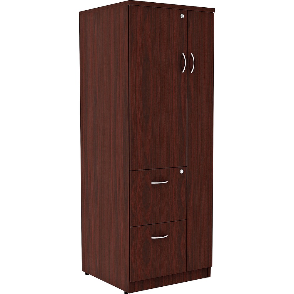 LLR69897 - Tall storage cabinet can be used with Lorell Essentials or Relevance Series with high-quality laminate construction and metal-to-metal, cam-lock connections. Design of the cabinet expands your storage opportunities with the varied sizes of compartments. Full-length compartment on the right features a door to conceal contents. On the left, the half-length compartment includes a locking door and two shelves. Bottom two drawers lock to secure your belongings and hold letter-size files. Durable, Mahogany laminate surfaces provide a professional look and are abrasion-resistant. Back is finished on both sides. Cabinet is made of particleboard and medium-density fiberboard. Adjustable levelers help stabilize the cabinet on uneven surfaces. More from the Manufacturer
