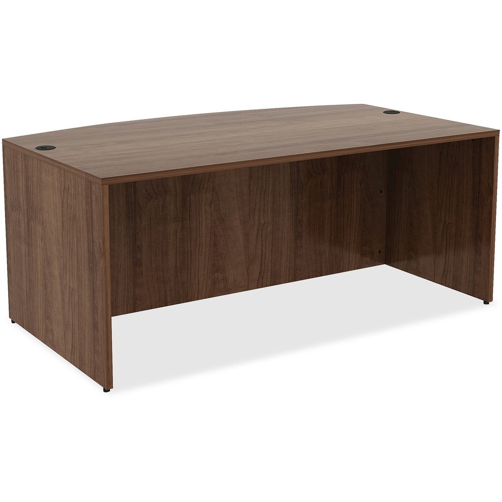 LLR69952 - Bowfront desk shell is part of Lorell Essentials Series Laminate Furniture with high-quality laminate construction and metal-to-metal, cam-lock connections. Walnut laminate top is 1" thick for durability. Use the two grommet holes in the top for easy cord routing. Design also includes a full modesty panel for privacy, 3mm PVC edges and adjustable feet.