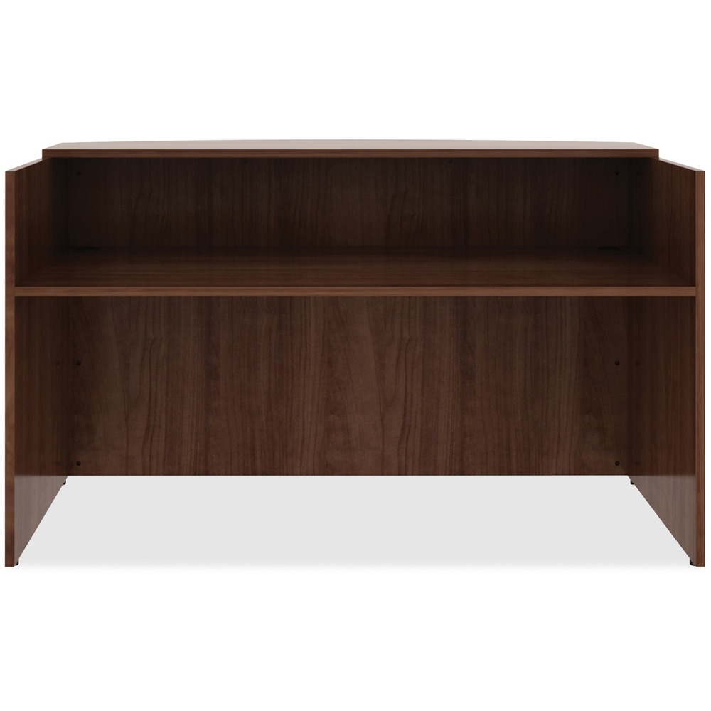 LLR69998 - Front reception desk promotes work efficiency while projecting a professional image for greeting visitors. It is part of the Lorell Essentials Series Wood Laminate Furniture with high-quality laminate construction and a contemporary design. High sides surround the desktop on three sides and extend to the floor to provide privacy for confidential documents and details. The built-in counter above the desktop acts as writing support and platform for connecting with customers or patients. Desktop and counter feature 1" thick laminated tops for durability.
