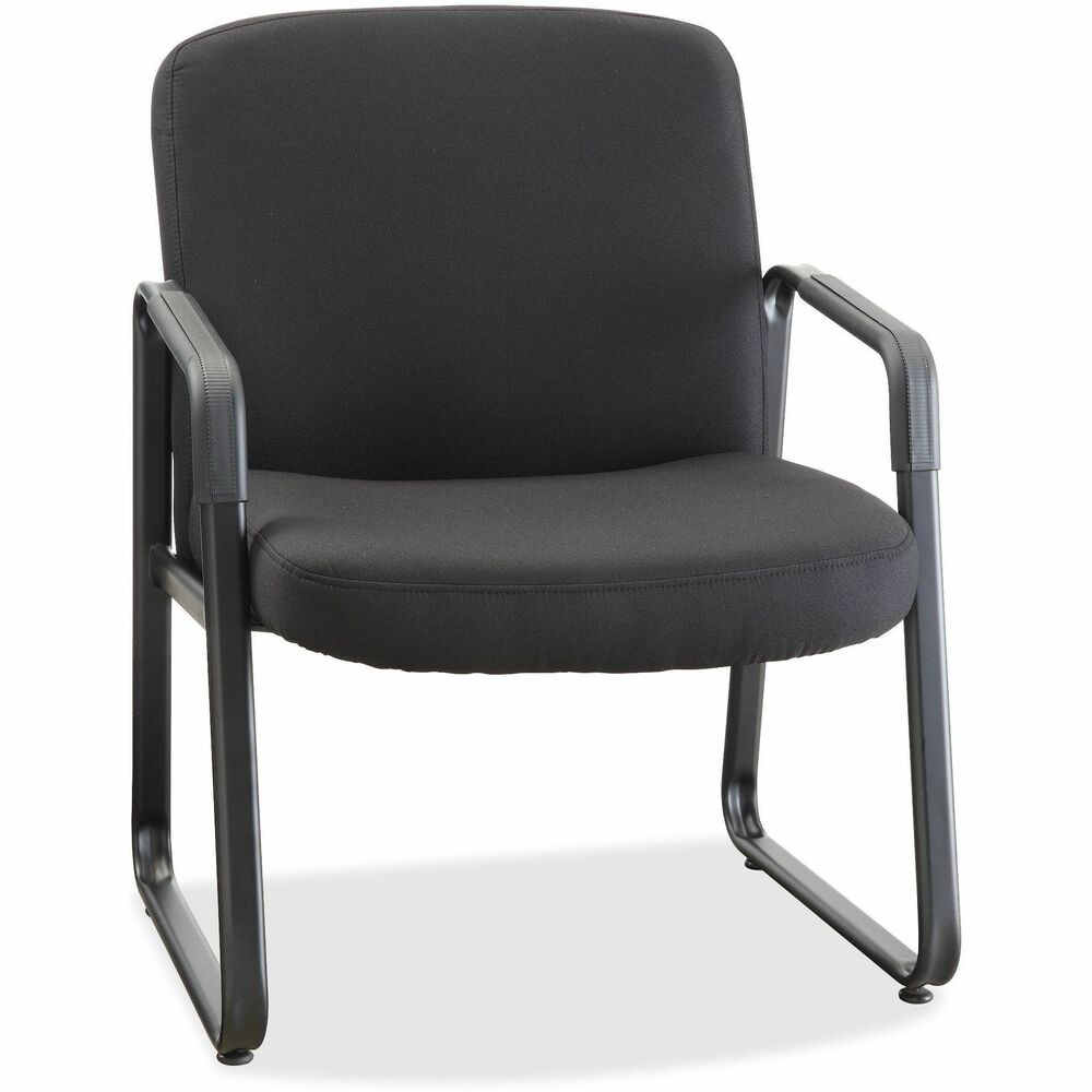 LLR84586 - With fabric-upholstered, padded seat and back, this Big & Tall Guest Chair offers deluxe comfort for your waiting room and a 500 lb. capacity to support more guests. Sturdy construction features a plywood core for the seat and back, black plastic arm caps and metal frame with a powder-coat finish. Sled base with stabilizing feet offers a balanced, supportive foundation for your guests. Chair meets or exceeds ANSI/BIFMA standards.