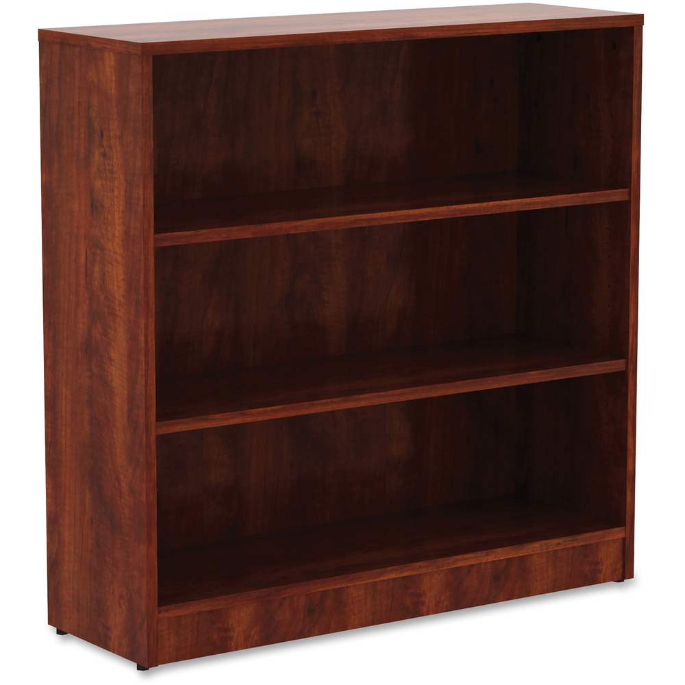 LLR99782 - Sturdy, three-shelf bookcase offers high-quality laminate construction and a contemporary design. Shelves are 3/4" thick and made of 18mm thick, medium-density fiberboard with thermally fused, Cherry laminate for long-lasting use. The visible, one-piece backing behind the shelves is made with 3mm thick, medium-density fiberboard and matching laminate. Both sides are finished. Bookcase features two adjustable shelves, one fixed bottom shelf, square edges and adjustable feet. Each shelf holds up to 75 lb.