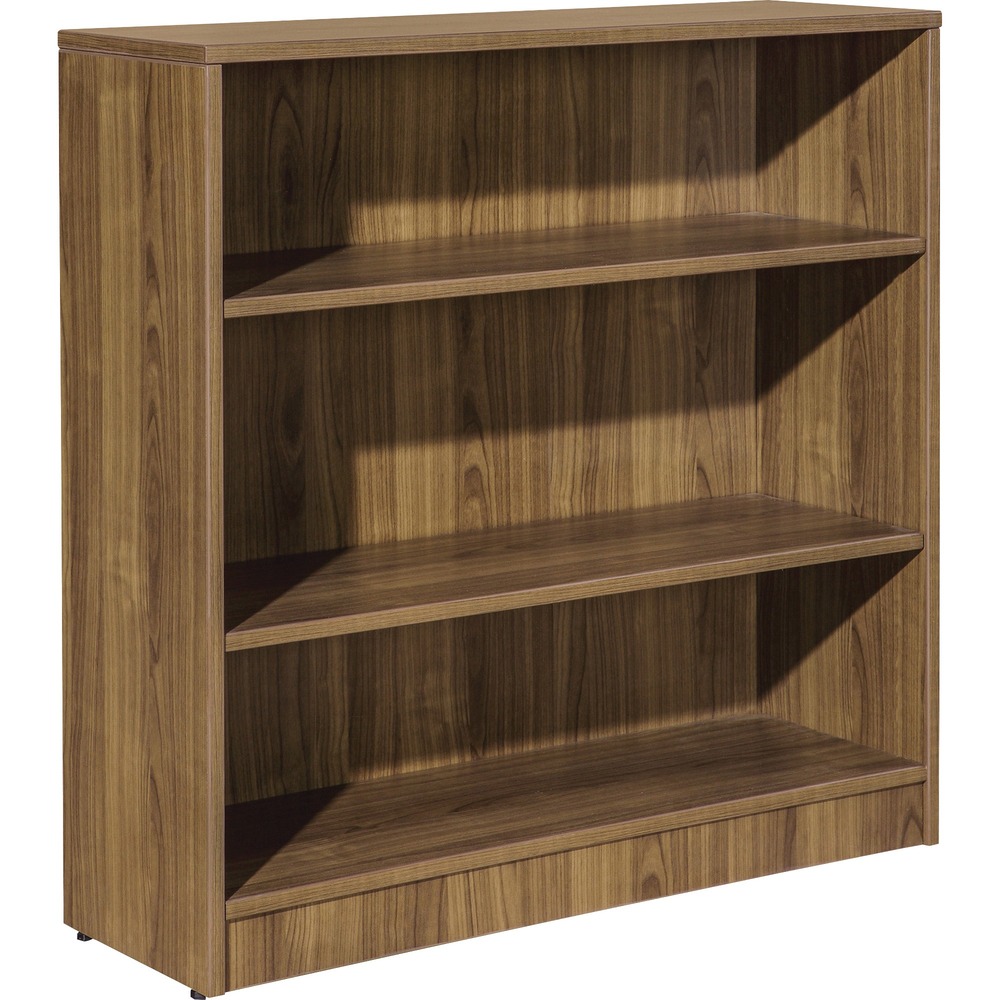 LLR99783 - Sturdy, three-shelf bookcase offers high-quality laminate construction and a contemporary design. Shelves are 3/4" thick and made of 18mm thick, medium-density fiberboard with thermally fused, Walnut laminate for long-lasting use. The visible, one-piece backing behind the shelves is made with 3mm thick, medium-density fiberboard and matching laminate. Both sides are finished. Bookcase features two adjustable shelves, one fixed bottom shelf, square edges and adjustable feet. Each shelf holds up to 75 lb.