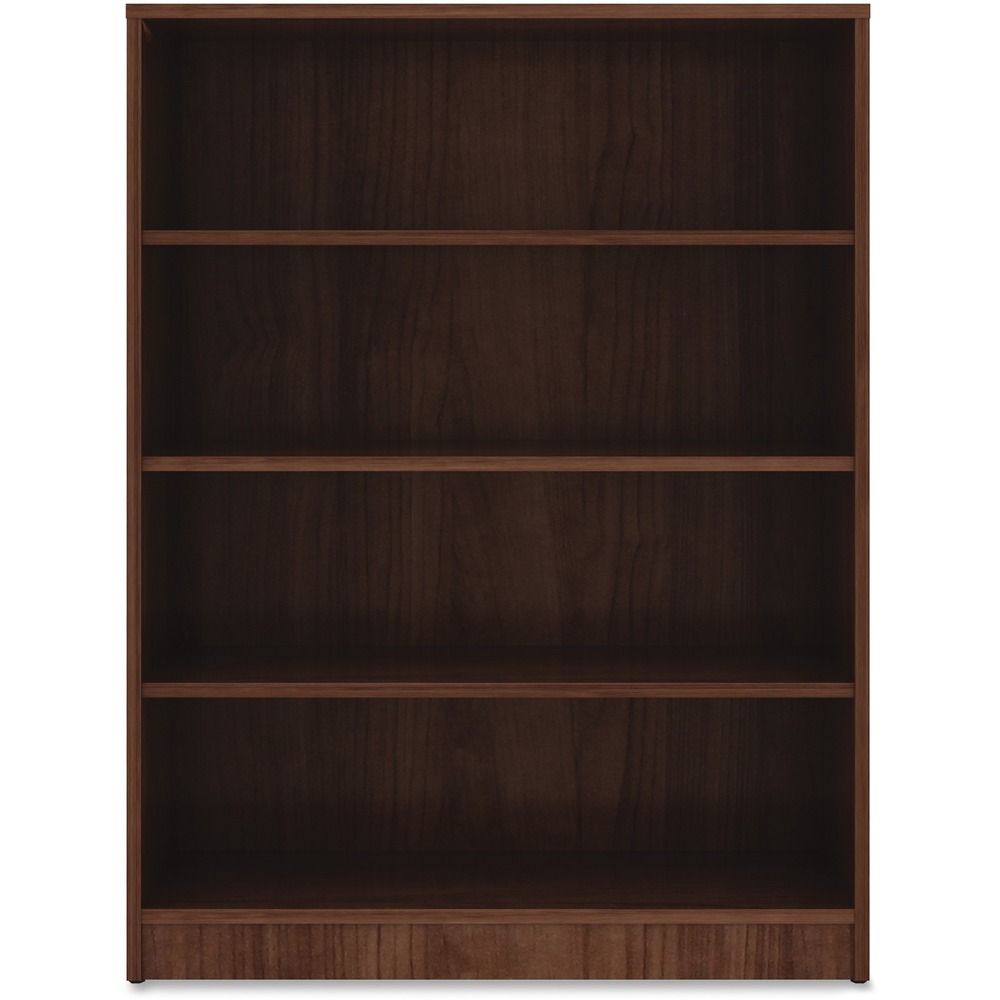 LLR99786 - Sturdy, four-shelf bookcase offers high-quality laminate construction and a contemporary design. Shelves are 3/4" thick and made of 18mm thick, medium-density fiberboard with thermally fused, Walnut laminate for long-lasting use. The visible, one-piece backing behind the shelves is made with 3mm thick, medium-density fiberboard and matching laminate. Both sides are finished. Bookcase features three adjustable shelves, one fixed bottom shelf, square edges and adjustable feet. Each shelf holds up to 75 lb.
