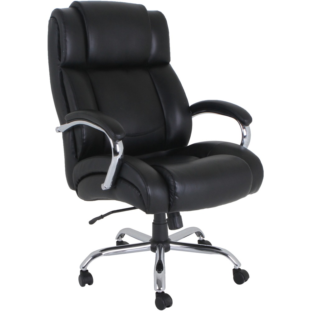 LLR99845 - Big & Tall Chair features bonded leather upholstery, a 500 lb. weight capacity and UltraCoil comfort with coiled comfort springs. This advanced foam-layering system is designed to offer deliberate, unique and zone-based support for a more enjoyable seating experience. Functions to customize position include pneumatic seat-height adjustment (3-1/2" from 19-7/8" to 23-5/8"), 360-degree swivel, tilt and tilt tension. Fixed, chromed metal arms feature upholstered pads. The 29" chromed metal base is equipped with 2" heavy-duty nylon, hooded, dual-wheel casters. Seat measures 23-5/8" wide x 20" deep. Back size is 24-2/5" wide x 25-3/4" high.