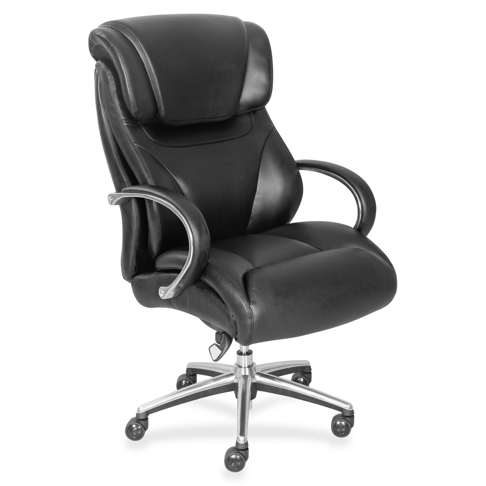 LZB48080 - Executive chair features durable, commercial-grade faux leather that passes the 200K abrasion test. Flexible, kinetic lumbar support promotes active movement and neutral posture while providing continuous proper lumbar support. Premium comfort-core seat provides luxurious seating with gel-infused memory foam. Sturdy construction includes heavy-duty aluminum arms and base as well as cable-actuated, center pivot seat plate. Weight capacity is 300 lb. capacity. Chair is BIFMA rated.