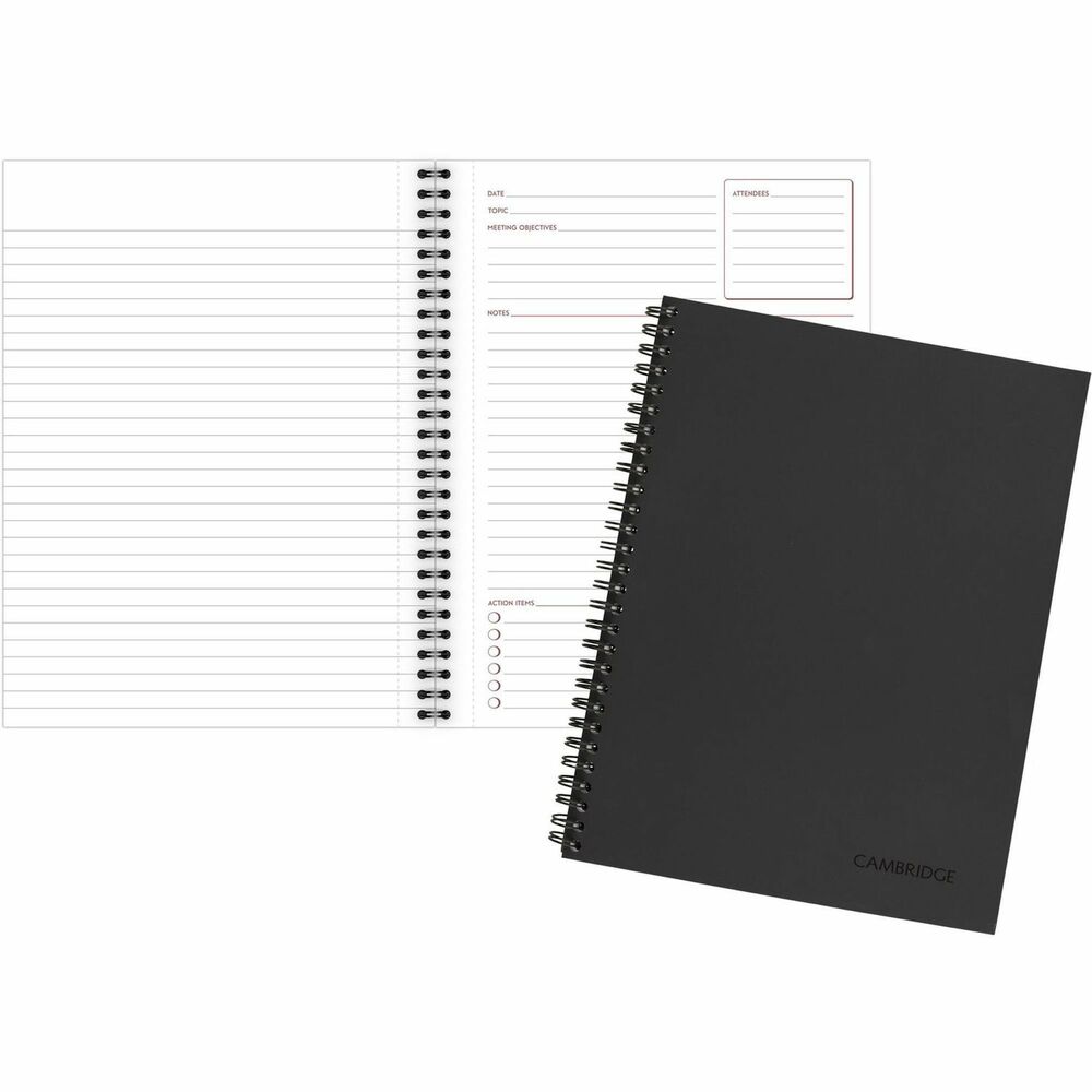 MEA06982 - Professionally styled business notebook features unique note-taking areas to efficiently organize all of your meeting notes and action items. Each undated page is formatted specifically for meetings with sections to list attendees, objectives and more. Action list at the bottom contains checkboxes to easily keep track of your follow-up tasks. Wirebound covers are paper-based with a linen material finish to create a professional appeal. Premium, double-sided pages are perforated for quick removal.