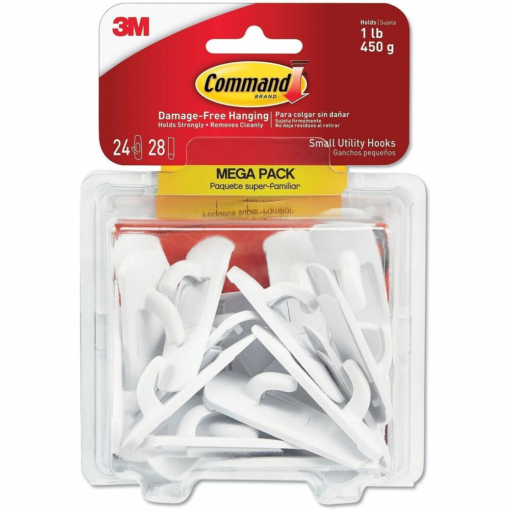 MMM17002MPES - Utility Hook Mega Pack offers plenty of Command damage-free hanging. It includes 24 hooks and 28 strips. General-purpose hooks are fast and easy to hang on a variety of smooth surfaces. Adhesive strips hold strongly on a variety of surfaces, including paint, wood, tile and more. Damage-free design removes cleanly from surfaces without leaving any holes, marks, sticky residue or stains. Each small hook holds up to 1 lb. More from the Manufacturer