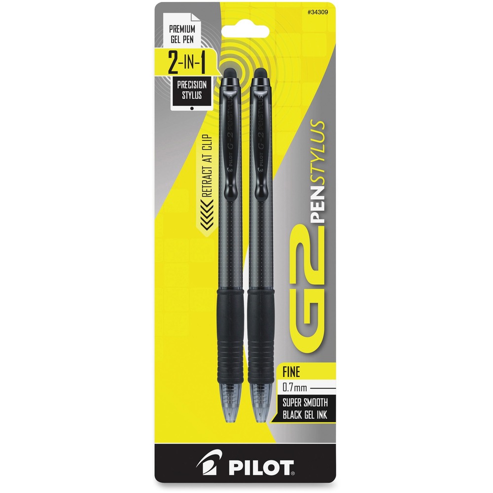 PIL34309 - G2 PenStylus Retractable Gel Ink Rolling BallNew from G2, American's #1 Selling Go-2 Gel Ink pen (NPD, 2021), comes the NEW G2 PenStylus. The G2 PenStylus is designed with the overachiever in mind - combining (1) an elegant modern look, with (2) the smooth, comfortable G2 writing experience and (3) a stylus tip with unsurpassed 'touch-accuracy.' After years of research and development, Pilot has developed a stylus tip worthy of the G2 name, which will bring the ultra-smooth G2 experience into the digital realm. The G2 PenStylus stylus tip is a uniquely designed, soft rubber, custom capacitive tip which will fluidly mimic touch on a smartphone or touchscreen.With the G2 PenStylus you can be ready for any written or digital challenge. The G2 PenStylus features 3 contemporary barrel colors, and a unique clip-click pen retraction mechanism. The stylus tip adapts seamlessly to any writing style, keeps your touchscreen free of fingerprints and smudges, and gives increased control over any touchscreen operation. It's perfect for all touchscreen tasks ranging from checking and composing e-mail, to sketching, drawing, or gaming. You can have it all with the NEW G2 PenStylus.