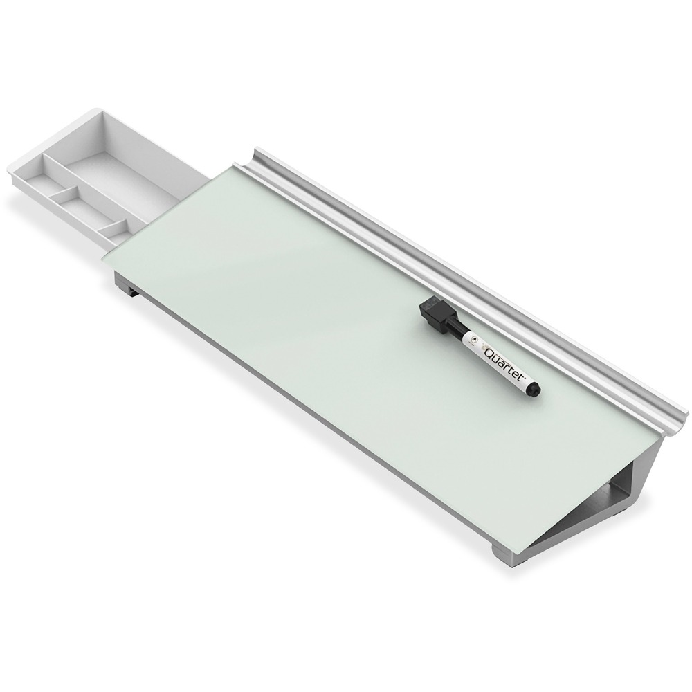 QRTGDP186 - Dry-erase notepad board fits in the space between your monitor and keyboard to provide a handy location for quick notes and reminders. Angled design is slanted slightly upwards for easy reading and writing. Marker rail and storage drawer keep your writing utensils and accessories readily available. Durable glass surface will not stain or ghost to erase completely after every use. More from the Manufacturer