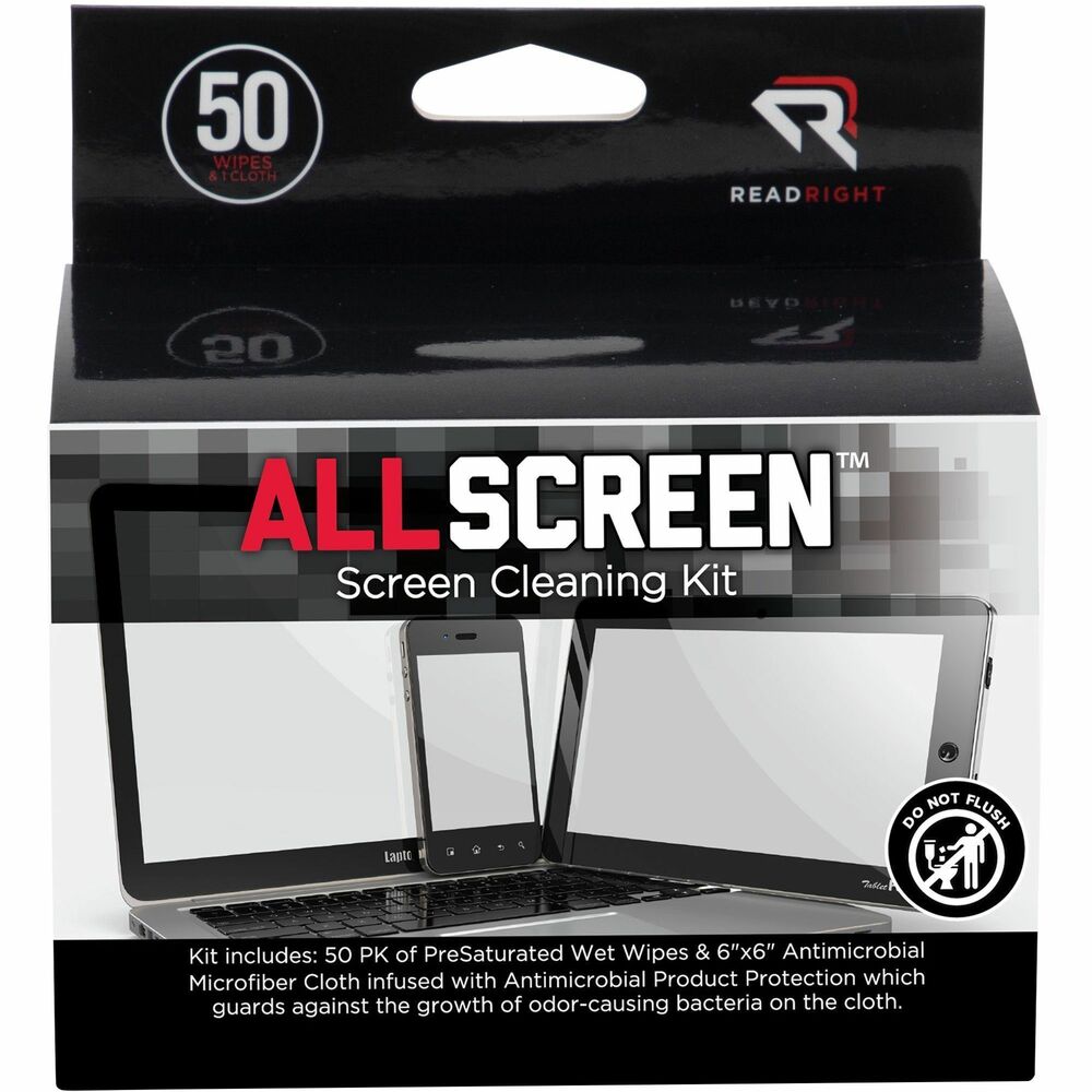 REARR15039 - Screen cleaning kit contains everything you need to effectively clean dirt, dust and oil from delicate electronic screens. Individually wrapped wipes are pre-saturated with an alcohol-free, ammonia-free solution for safe use on all screens. Reusable microfiber cloth contains Microban antimicrobial protection to inhibit the growth of bacteria and germs. Screen cleaning kit is perfect for cleaning LCD, LED, smartphone and tablet screens.