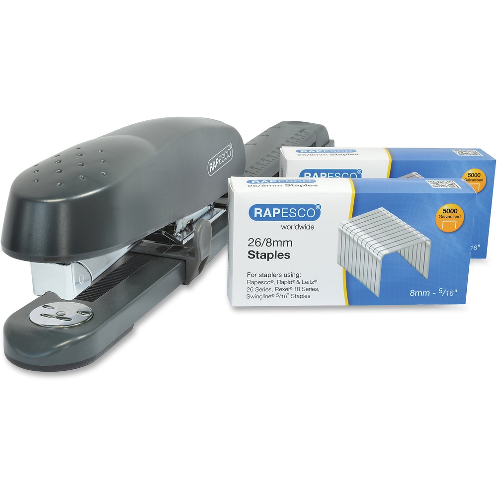 RPC1281 - Stapler set features a long-arm stapler with a 300mm throat depth for efficient, center-stitch stapling of large pamphlets or brochures. Front-loading stapler features a push-button release and magazine brake system to safely reload staples when needed. Rotating anvil allows you to switch between staple or pin settings. 50-sheet capacity stapler is ergonomically designed to ensure smooth, comfortable use. Galvanized staples are made from premium materials and created to exacting standards to ensure accurate fastening. Set includes a stapler and 26/8mm Rapesco staples.