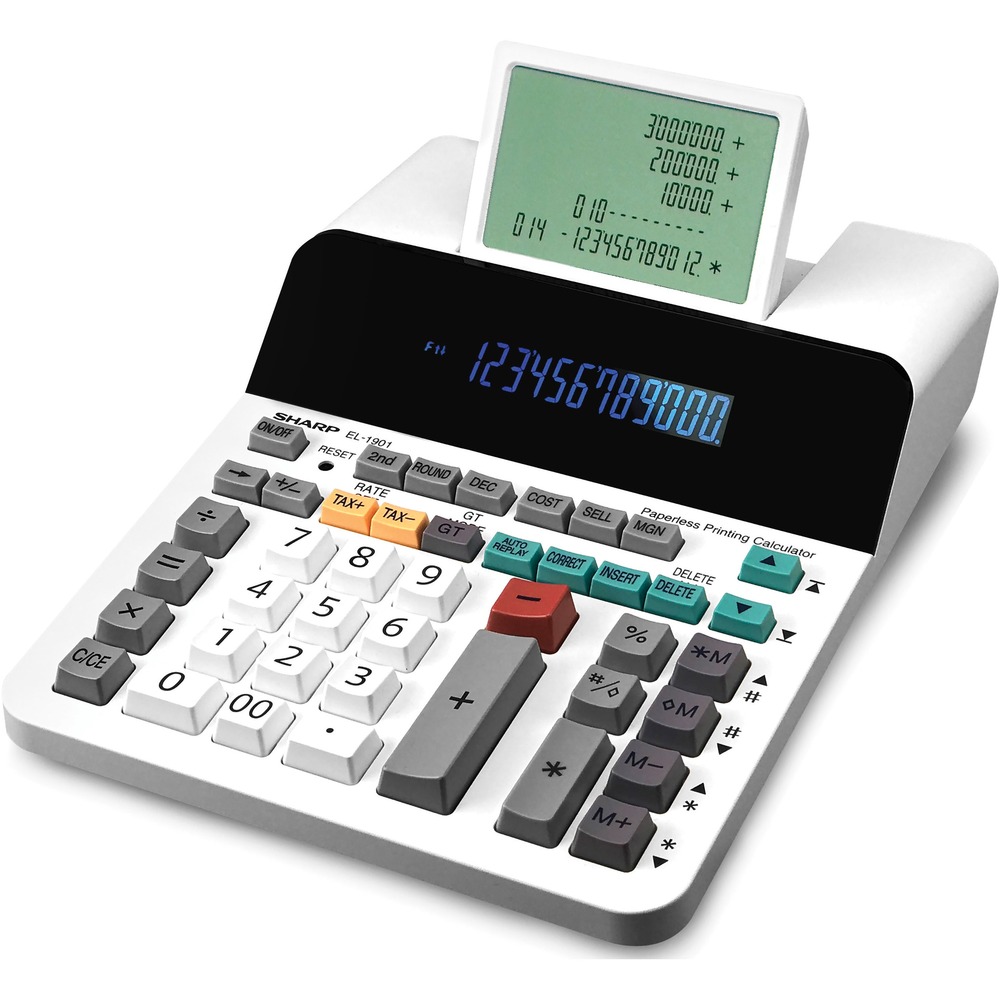 SHREL1901 - Paperless printing calculator with a 12-digit display features a unique, powerful design that combines the power of a printing calculator with the functionality of a desktop calculator. Five-line, secondary LCD lets you scroll back and forth up to 300 lines to refer back to your previous calculations. Check and Correct function allows you to quickly modify and recalculate entries for fast, simple updates. Cost/sell/margin keys simplify profit margin calculations by allowing you to simply enter two variables to automatically show the third variable. Calculator also includes four-key memory, tax keys, change sign key, backspace key, rounding keys and more. More from the Manufacturer