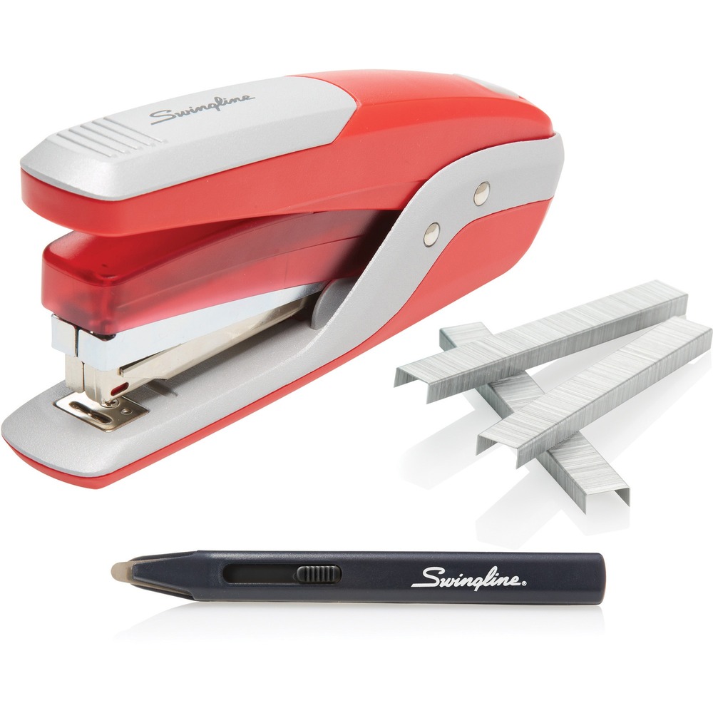 SWI64589 - Benefit from effortless yet powerful stapling using the Quick Touch Reduced Effort Staples with its stored energy system and reduced-effort design. QuickLoad makes refilling the compartment simple to help you quickly stay on track with your work. Lightweight stapler is perfect for handheld stapling of up to 28 sheets. Nonslip base keeps the stapler securely in place for safe use on smooth surfaces. Strong metal construction delivers long-lasting stapling performance. For optimum jam-free performance, use Swingline S.F. 4 premium staples with this full-strip stapler. Value pack includes 5000 S.F. 4 premium staples and a staple remover.