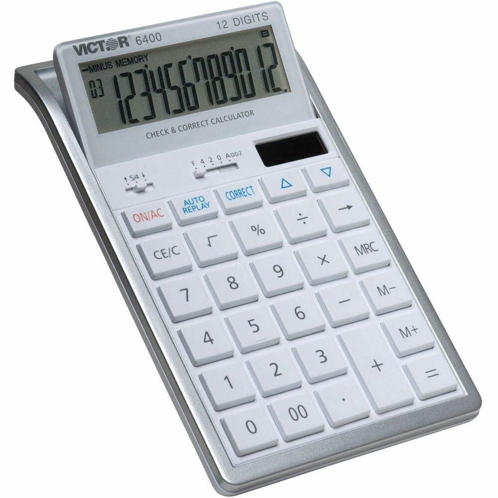 VCT6400 - 12-digit desktop calculator with sleek white design and silver accents is perfect for the modern office. Large tilt LCD provides easy viewing. Check and Correct function lets you scroll through and modify your entries. Other functions include selectable decimal and rounding switches, percent key, automatic constants, backspace key, three-key independent memory and automatic power down. Hybrid power runs on solar power with battery backup.