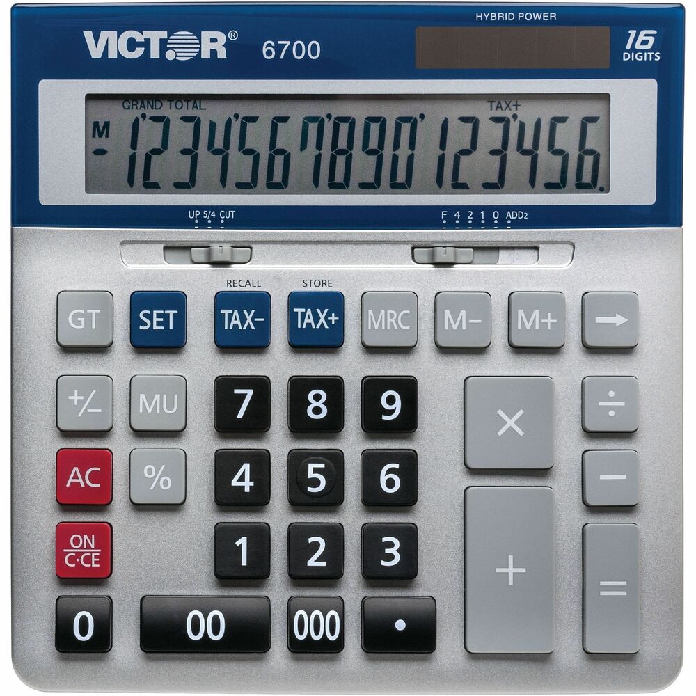 VCT6700 - This 16-digit desktop calculator is perfect for the modern office with an extra-large, angled LCD for easy viewing and full-size keys. About the height of a woodcase pencil, the compact size will take up little space on your desktop. Calculator also offers full-size keys, a sleek metallic design and tough blue acrylic display cover. Functions include tax keys, markup key, grand total key, selectable decimal and rounding switches, percent key, automatic constants, backspace key and three-key independent memory. Calculator automatically power down when not in use. Hybrid power calculator runs on solar power with battery backup.