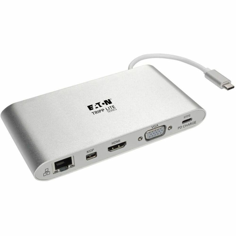TRPU442DOCK1 - USB 3.1, generation 1 USB-C Docking Station turns your MacBook, Chromebook, tablet or laptop into a versatile workstation. By connecting its built-in cable to your device's USB-C or Thunderbolt 3 port, you'll be able to add an external display, access Gigabit Ethernet networks, transfer data, display video and more. Mini DisplayPort (mDP), VGA and HDMI ports allow you to connect an external display (one display at a time). The mDP and HDMI ports support UHD video resolutions up to 3840 x 2160 (4K x 2K) at 30 Hz. The VGA port supports HD video resolutions up to 1920 x 1200, including 1080p, at 60 Hz. Connect a Gigabit Ethernet cable (sold separately) to the RJ45 port to access true 10/100/1000 Mbps network speeds. A dedicated BC 1.2-compliant USB port provides up to 1.5A of fast-charging power. Micro SD and SD/MMC memory card slots provide access to external memory. A 3.5 mm audio jack is convenient for connecting speakers, headphones or a microphone to your connected device. More from the Manufacturer