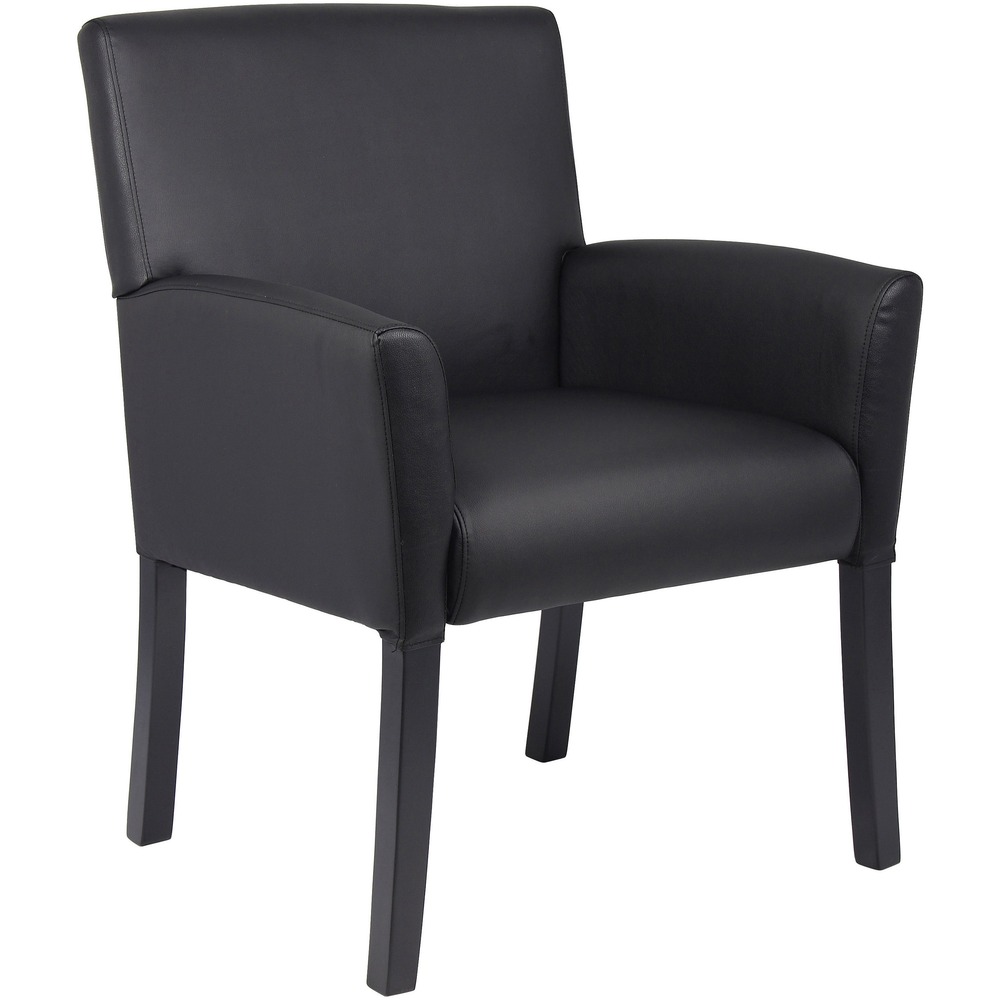 BOPB639 - Executive box arm chair is upholstered in Caressoft vinyl to give you the look and feel of leather while allowing it to be easily cleaned with a damp cloth. The softness of the seat is bolstered by the ergonomic, built-in lumbar support that it provides. It also offers spacious box arm styling and sits on wooden legs that are both sturdy and stylish. Its elegant, contemporary design gives your office or reception area an upscale look. This chair is perfect for outfitting your office desk or a waiting room with comfort and class. Box arm chair supports up to 275 lb.