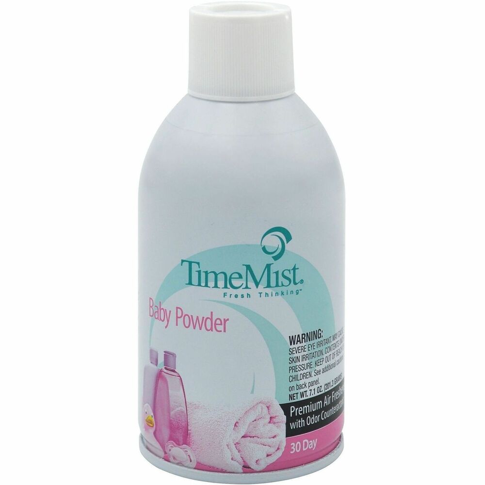 TMS1042686 - Elevate your customer or visitor experience with this innovative, Premium Metered 30-Day Air Freshener - Baby Powder. Perfect for your odor control program, fragrance and odor counteractants in one can neutralize stubborn odors swiftly and provide lasting aromatherapy from the high-quality fragrance made with essential oils. Dual actuator system creates small micron dispersion, eliminating fallout. High fragrance load percentage ensures longest-lasting experience. This nostalgic fragrance conjures the unmistakable scent of a newborn baby freshly bathed and powdered. Dual odor counteractants target specific malodor-causing particles. Use this refill in TimeMist full-sized, metered fragrance dispensers (not included) for 30 days of continuous use when set at 15-minute intervals.