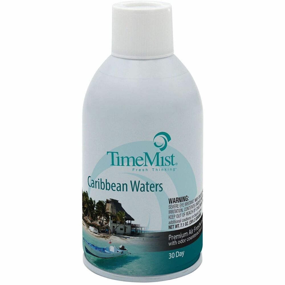 TMS1042756 - Elevate your customer or visitor experience with this innovative, Premium Metered 30-Day Air Freshener - Caribbean Waters. Perfect for your odor control program, fragrance and odor counteractants in one can neutralize stubborn odors swiftly and provide lasting aromatherapy from the high-quality fragrance made with essential oils. Dual actuator system creates small micron dispersion, eliminating fallout. High fragrance load percentage ensures longest-lasting experience. The crystal-clear surf just offshore in the exotic Caribbean Islands sets the tone for this cool and soothing fragrance. Dual odor counteractants target specific malodor-causing particles. Use this refill in TimeMist full-sized, metered fragrance dispensers (not included) for 30 days of continuous use when set at 15-minute intervals.