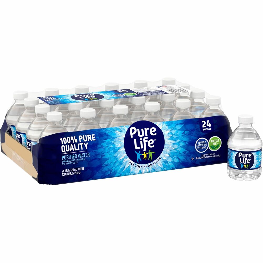 NLE194627PL - Purified bottled water comes in the Eco-shape bottle made with an average of 30 percent less plastic and a small label to reduce waste. The recyclable bottle is flexible and easy to grab, carry and crush for recycling. Purified water goes through a multistep process of filtration that involves reverse osmosis and/or distillation. The water is enhanced with a unique blend of minerals for great taste.