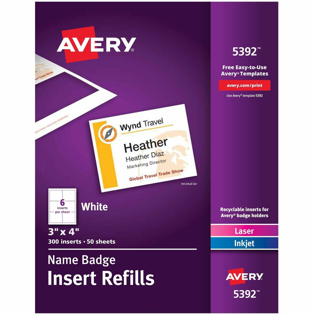 AVE5392 - Refill resupplies Avery Name Badge Kits so you can make more professional-looking name badges with inkjet or laser printers. Ideal for meetings, seminars, special events, conventions and more. Each sheet is microperforated to tear cleanly, leaving smooth edges. Avery offers many easy-to-use templates for Microsoft Word and other popular software programs. More from the Manufacturer